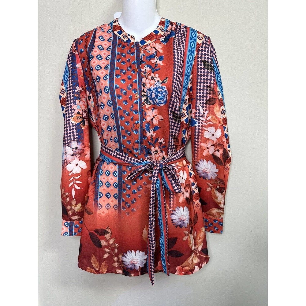 NWT~ Tolani Collection Long-Sleeve Tunic with Tie Gene Rust Floral~ S